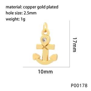 Detailed dimensions of a gold-plated copper anchor pendant with measurements and material info