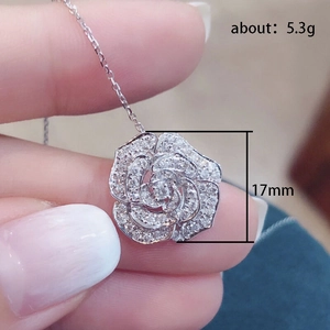 French vintage silver camellia pendant necklace with pavé crystals 17mm flower charm