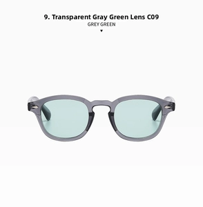 Detailed close-up of grey-green lenses with arrow-shaped metal accents on semi-transparent frames