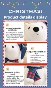 Detail of Christmas polar bear plush showing snowflake hat and red heart scarf textures