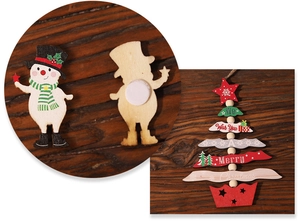 Detail of wooden Christmas ornaments showing snowman design and magnetic back feature
