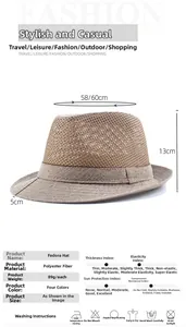Detailed sizing chart and material specs for a khaki mesh breathable fedora jazz hat