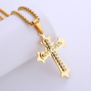 Gold stainless steel triple layer cross pendant necklace with sparkling cubic zirconia stones