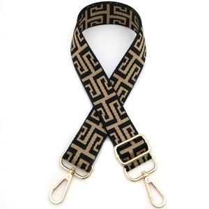 Adjustable canvas shoulder strap with khaki geometric pattern and golden lobster clasps