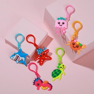 Set of six colorful PVC ocean animal keychains including shark, crab and sea turtle