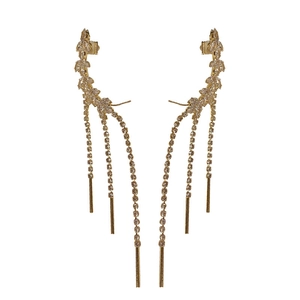 Elegant gold leaf earrings with zircon tassels and sparkling rhinestones for women