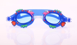 Detail of blue cartoon fish swim goggles with soft silicone frame and adjustable nose bridge