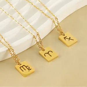 Zodiac Twelve Constellations Hollow Rectangle Pendant Necklace Stainless Steel Gold Plated Minimalist Fashion Jewelry For Women