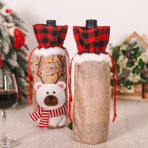 Linen Christmas wine bottle covers with red plaid trim and cute embroidered bear designs