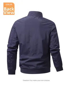 Back view of men's navy blue flight jacket featuring ribbed cuffs and a stand-up collar