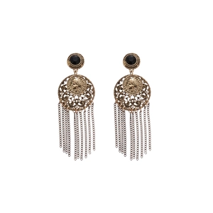 Vintage gold portrait earrings with hollow coin relief and long metal chain tassels