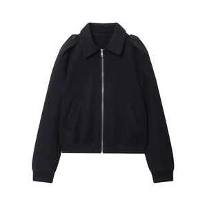 Veste À Fermeture Éclair Pour Femmes Tissu En Laine Col À Revers Épaulettes Bordure Côtelée Couleur Unie Décontracté