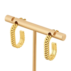 Vintage gold U-shaped hoop earrings with textured checkerboard pattern in stainless steel