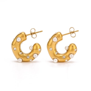 18K gold plated stainless steel C-hoop earrings with pearls and zircon crystals