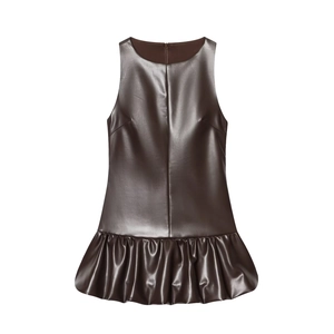 Abito Mini Senza Maniche In Pelle PU Con Pantaloncini Di Sicurezza Girocollo Orlo Con Volant Donna