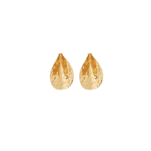 Detail of golden teardrop earrings featuring a hammered metal texture and glossy finish