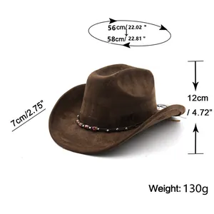 Detailed size chart for brown suede fedora showing brim width and head circumference