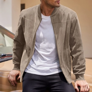 Detail of khaki faux suede bomber jacket showing metal zipper and ribbed collar texture