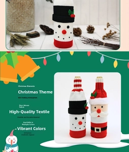 Macro detail of knit Christmas wine bottle covers with Santa and Snowman holiday motifs