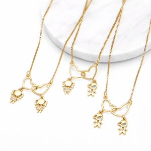 Gold-plated box chain necklace with heart design and boy-girl pendants with tiny zircons