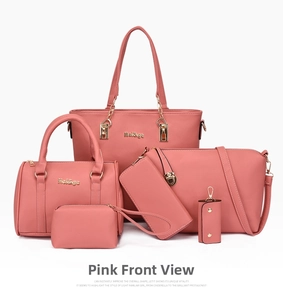 Detailed set of 6 pink faux leather bags with lychee texture and golden hardware