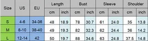 Detailed sizing chart for women's U-neck slim fit T-shirt showing US and EU measurements