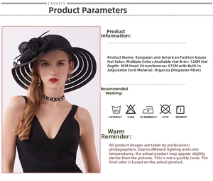 Detail view of black organza sun hat with 12cm wide brim and adjustable size info