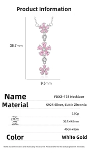 Detailed size specifications for the S925 silver pink flower tassel pendant necklace