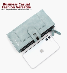 Light blue long wallet next to a smartphone showing size comparison and smooth texture