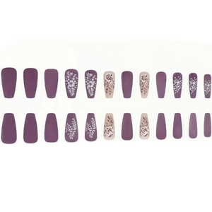 24pcs matte purple and nude press-on nails with floral leaf designs in coffin shape