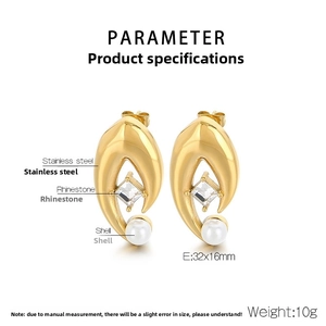 Detail view of oval gold stainless steel earrings with square zircon and shell pearls
