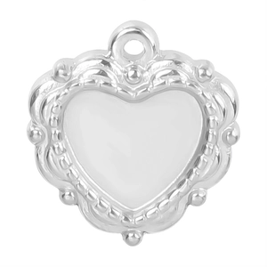 Pendentif cœur en argent avec cadre perlé rétro et insert blanc pour collier fait main