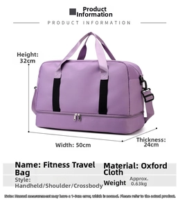 Detailed view of the large capacity purple oxford fitness travel bag with dimensions