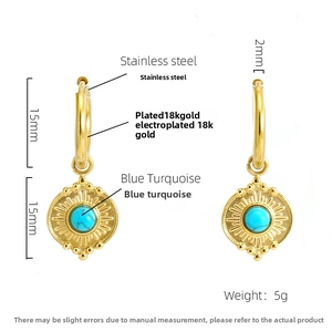 Detail view of 18K gold plated stainless steel hoop earrings featuring blue turquoise pendant