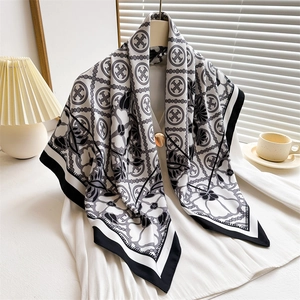 Elegant 90cm floral and geometric silk square scarf in black and white pattern