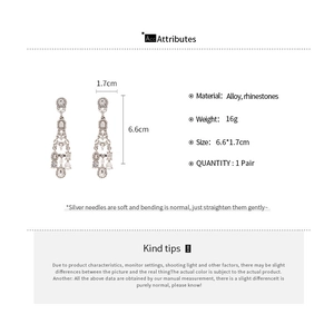 Detailed size chart of geometric teardrop tassel earrings with rhinestone details