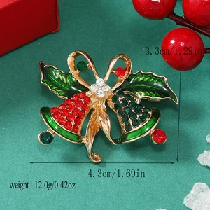 Detailed view showing dimensions and weight of Christmas bell scepter brooch with enamel inlay