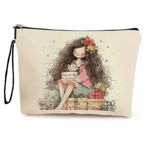 Cosmetic Makeup Bag Canvas Printed Cartoon Girl Portable Zipper Toiletry Travel Pouch For Women Lightweight