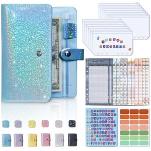 A6 glitter PU leather budget binder set with cash envelopes and colored budget sheets