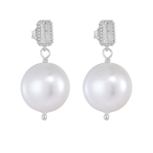 Detail of s925 silver pearl earring with rectangular crystal stud on white background