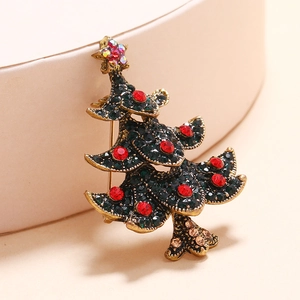 Vintage Christmas tree brooch with red and green rhinestones on gold alloy base