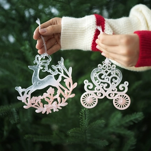 Pink gradient elk and carriage Christmas tree ornaments in frosted acrylic finish