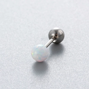 Barbell stud earring featuring a vibrant white opal stone and silver titanium steel ball