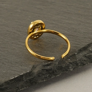 Adjustable gold stainless steel ring with oval pink crystal on stone background