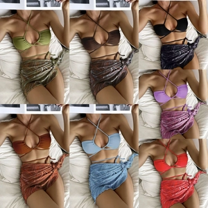 Women Halter Triangle Bikini Swimsuit And Marble Print Sarong Wrap Skirt High Cut Sexy Beachwear