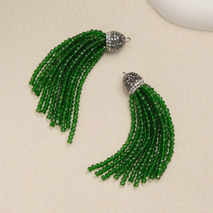 Elegant pair of green faceted bead tassel earrings with sparkling crystal-inlaid metal caps