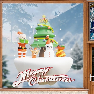 3D Christmas window stickers with Santa, Reindeer and Snowman on a snowy glass backdrop