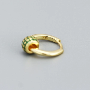 925 silver gold hoop earrings featuring a green bead charm with detailed engravings