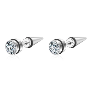 Punk style stainless steel stud earrings with round cubic zirconia and cone back screw
