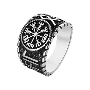 Nordic Viking compass ring for men with vintage silver finish and rune carvings